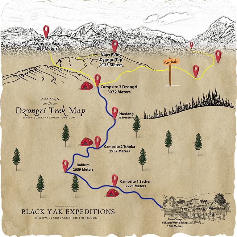 Illustrated Dzongri Trek Map by Black Yak Expeditions