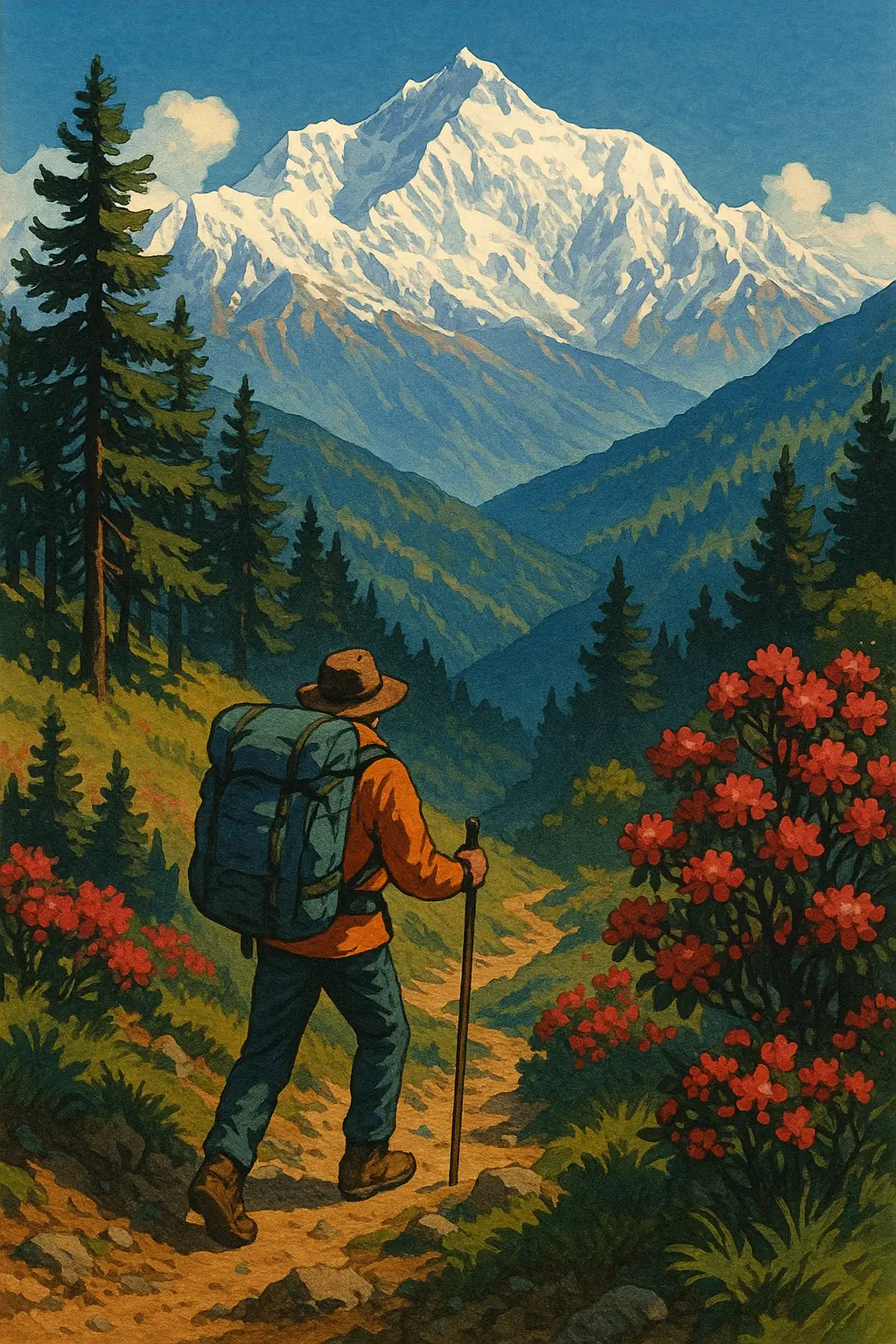 A vintage-style poster of a trekker in Sikkim, highlighting the adventures offered by the travel agent Black Yak Expedition, with views of rhododendrons and a snow-capped peak.