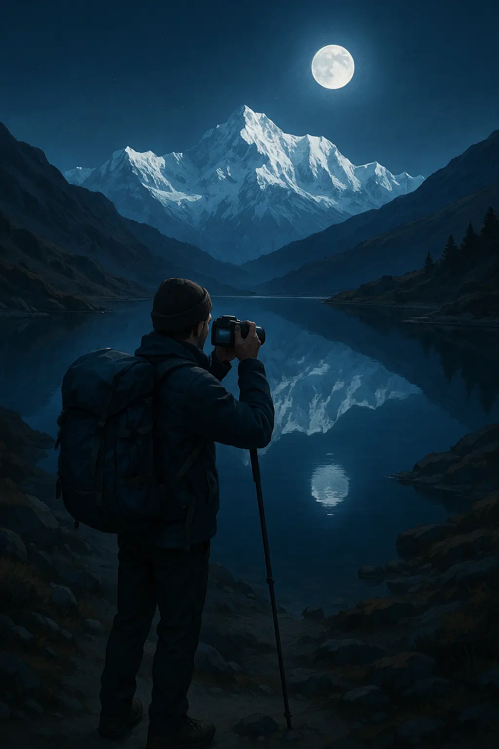 A trekker from Black Yak Expedition capturing the moonlit reflection of Mount Kanchenjunga at Samiti Lake, guided by a trusted travel agent in Sikkim, during a serene high-altitude Himalayan adventure.