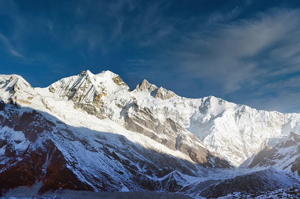 Goecha Peak and Kanchenjunga glaciers seen from Viewpoint 1 on the Goechala Trek in Sikkim Himalayas.